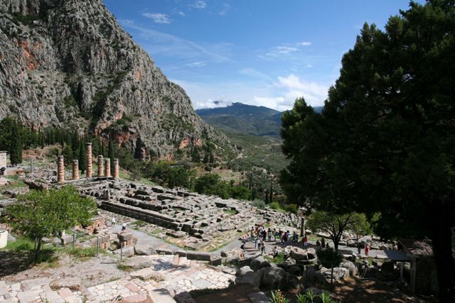Delphi archaeological site - Temple of Apollo from above